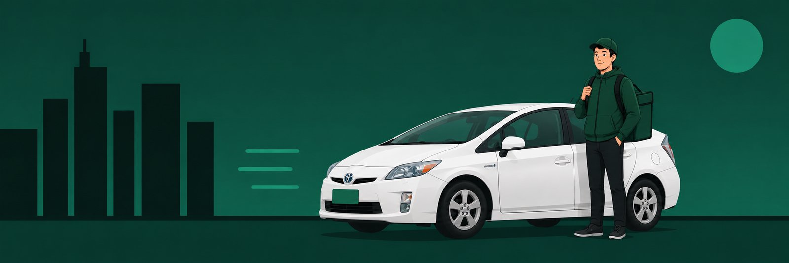 Gig delivery driver standing beside a white Toyota Prius, ready for rideshare and delivery work
